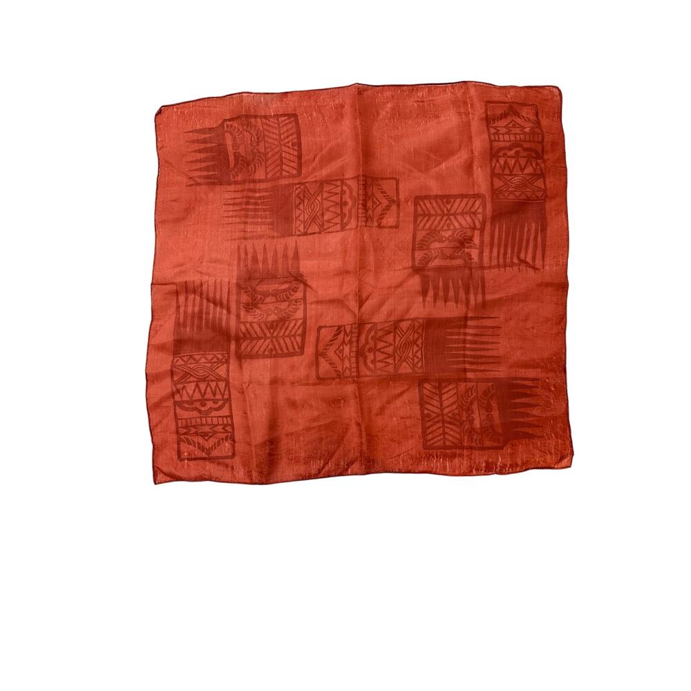 Vintage Hand-Printed Silk Scarf – Abstract Tribal Motif, Rust Red (1950s–1960s)